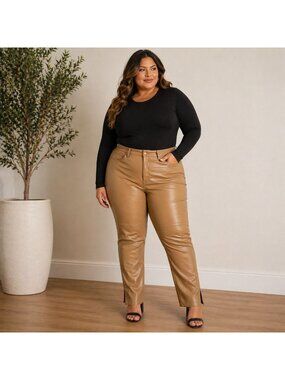 Good American Faux Leather Pants Warm Caramel Brown Size 16 High Rise Straight L